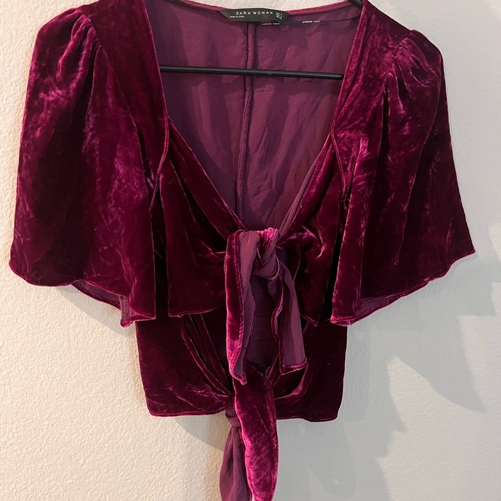 Zara Plum Velvet Tie-Front Blouse